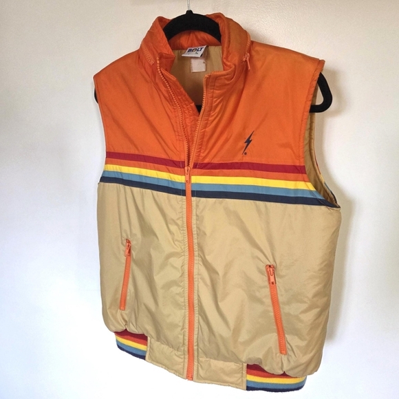 Vintage 1980s Lightning Bolt Vest / Retro Striped Rainbow Puffer Snow Vest - Picture 3 of 10